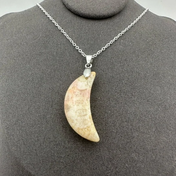 Coral Fossil Jade Crescent Moon Pendant Necklace on Silver Chain - Picture 5 of 6